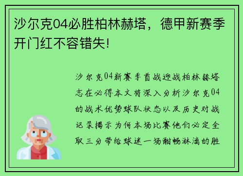 沙尔克04必胜柏林赫塔，德甲新赛季开门红不容错失!